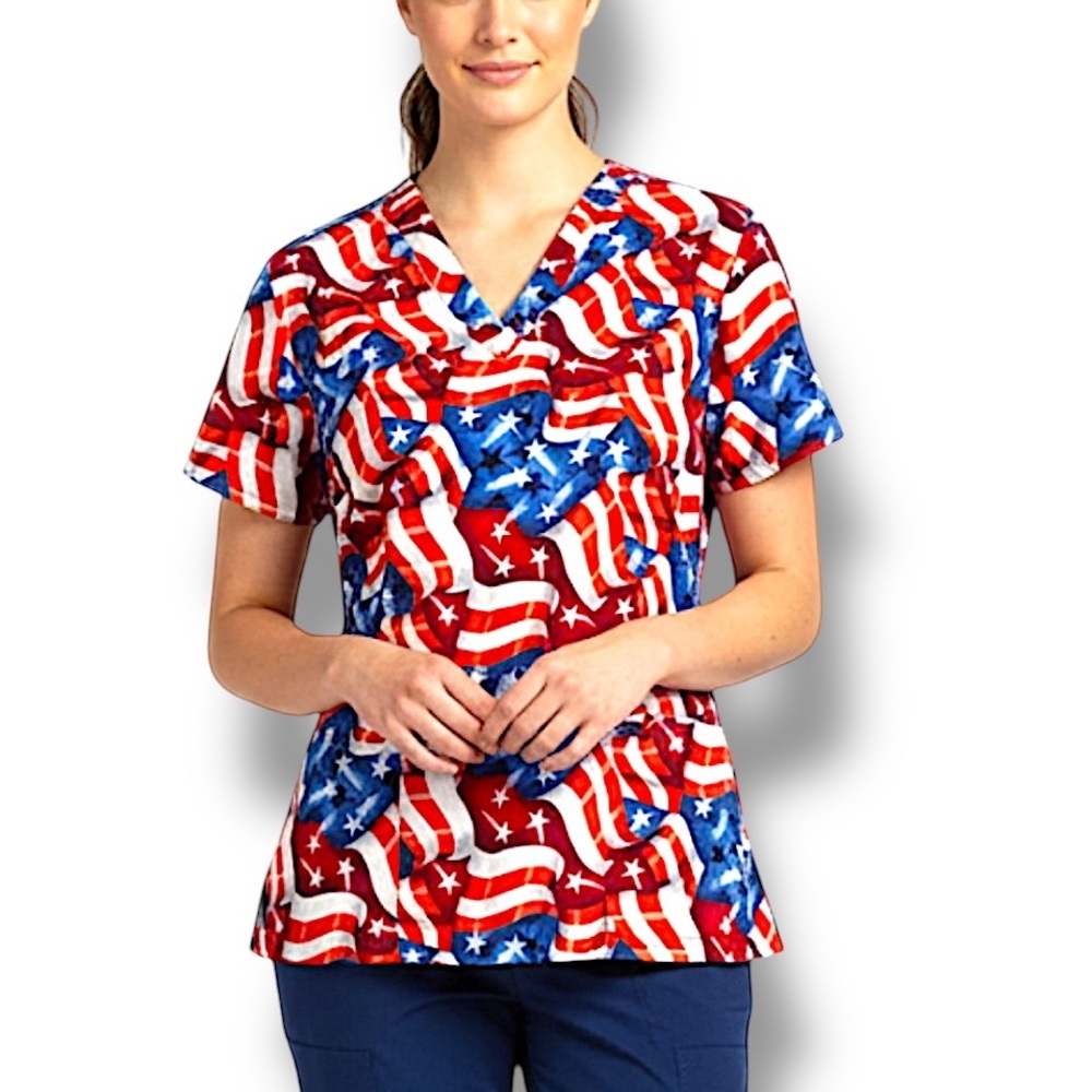 Peaches  Patriotic Nurse Medical Scrub Top Cotton  USA Flag Stars Stripe